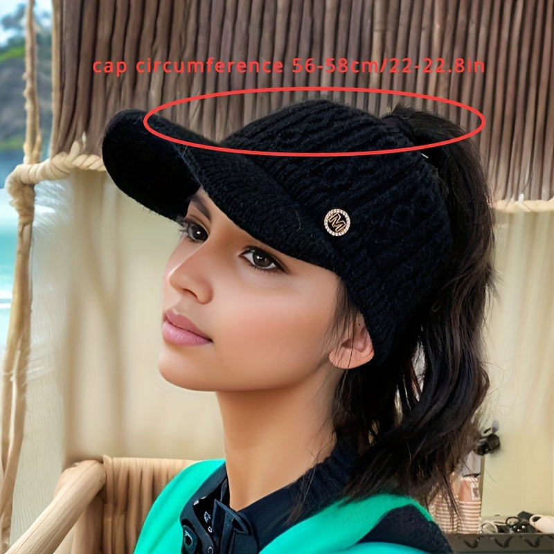 Cozy Knit Ponytail Visor Cap for Women - Fleece-Lined with Ear Protection for Fall/Winter
