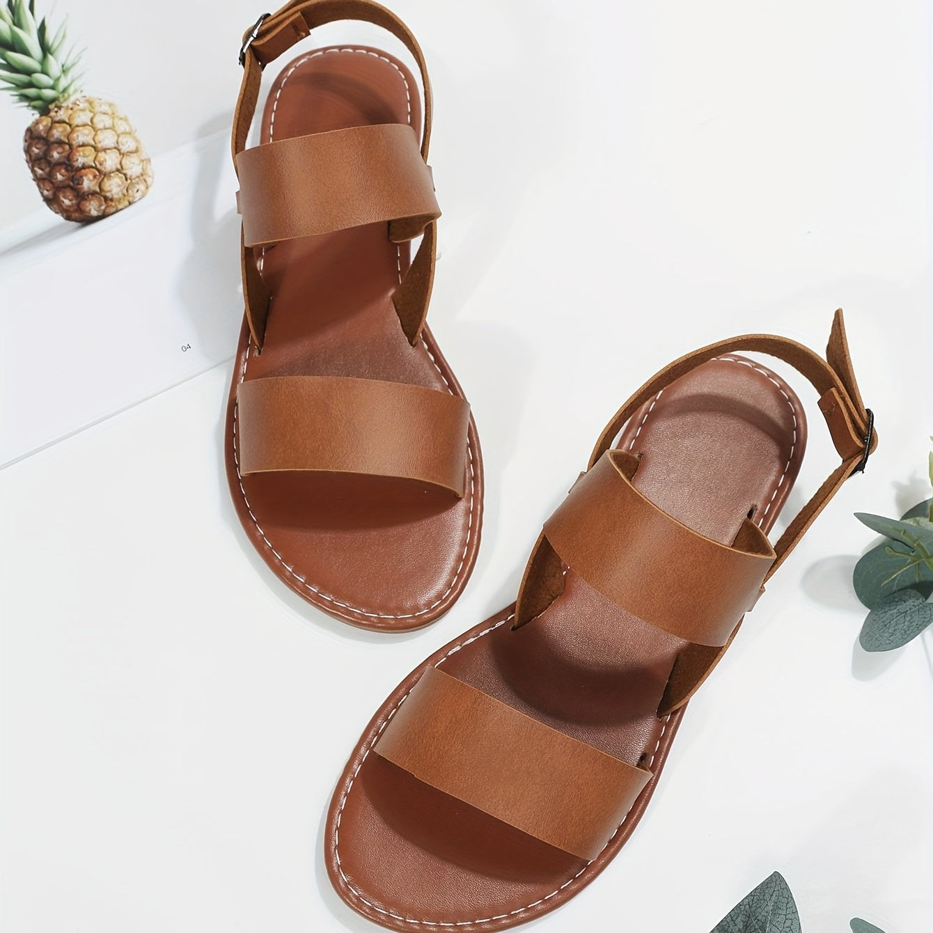 Roman Style Flat Sandals for Women - Open Round Toe with Buckle Strap, Casual Beach Shoes