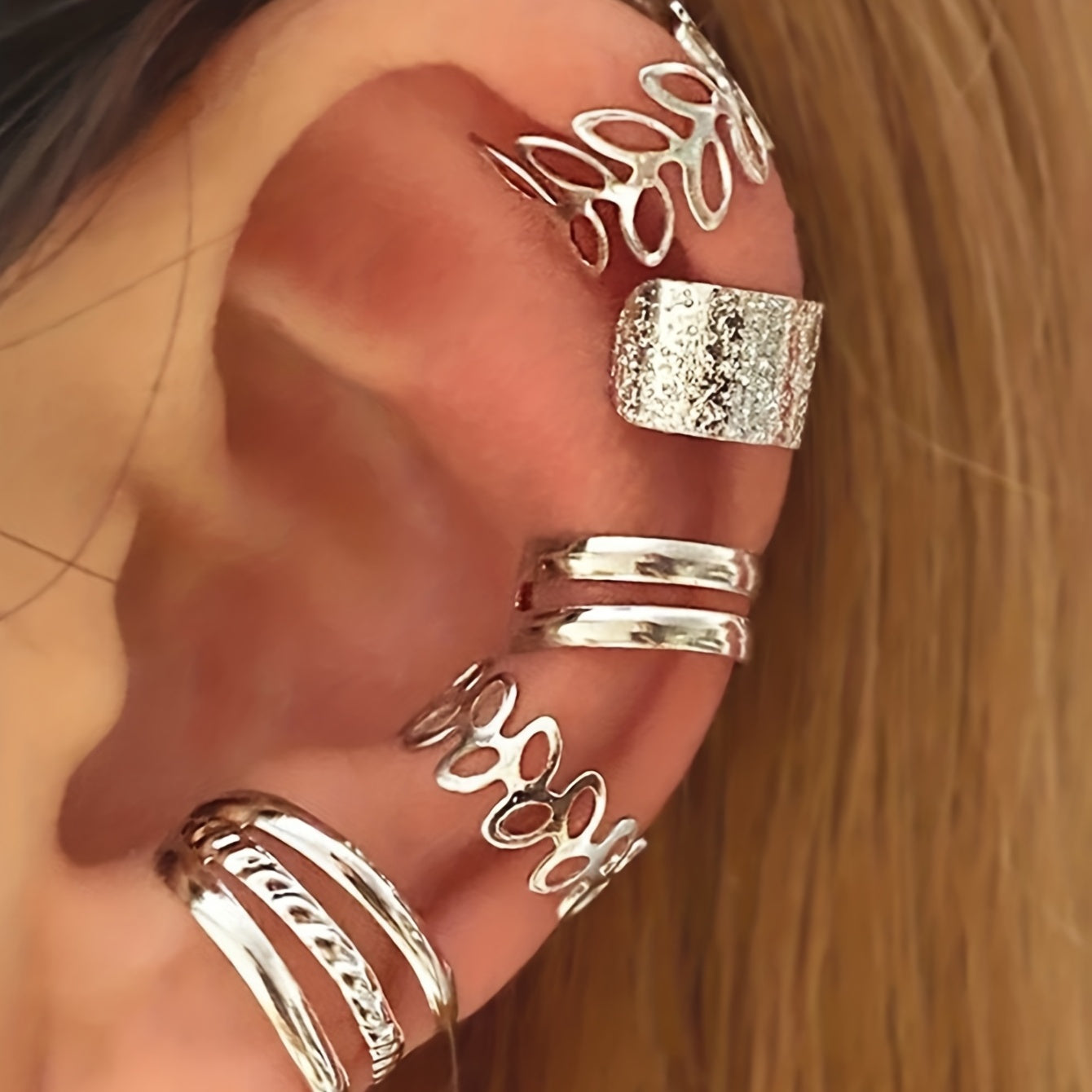 Vintage Boho Style Clip-On Earrings Set of Five Non-Piercing Elegant Jewelry for Women in Golden Silvery Black