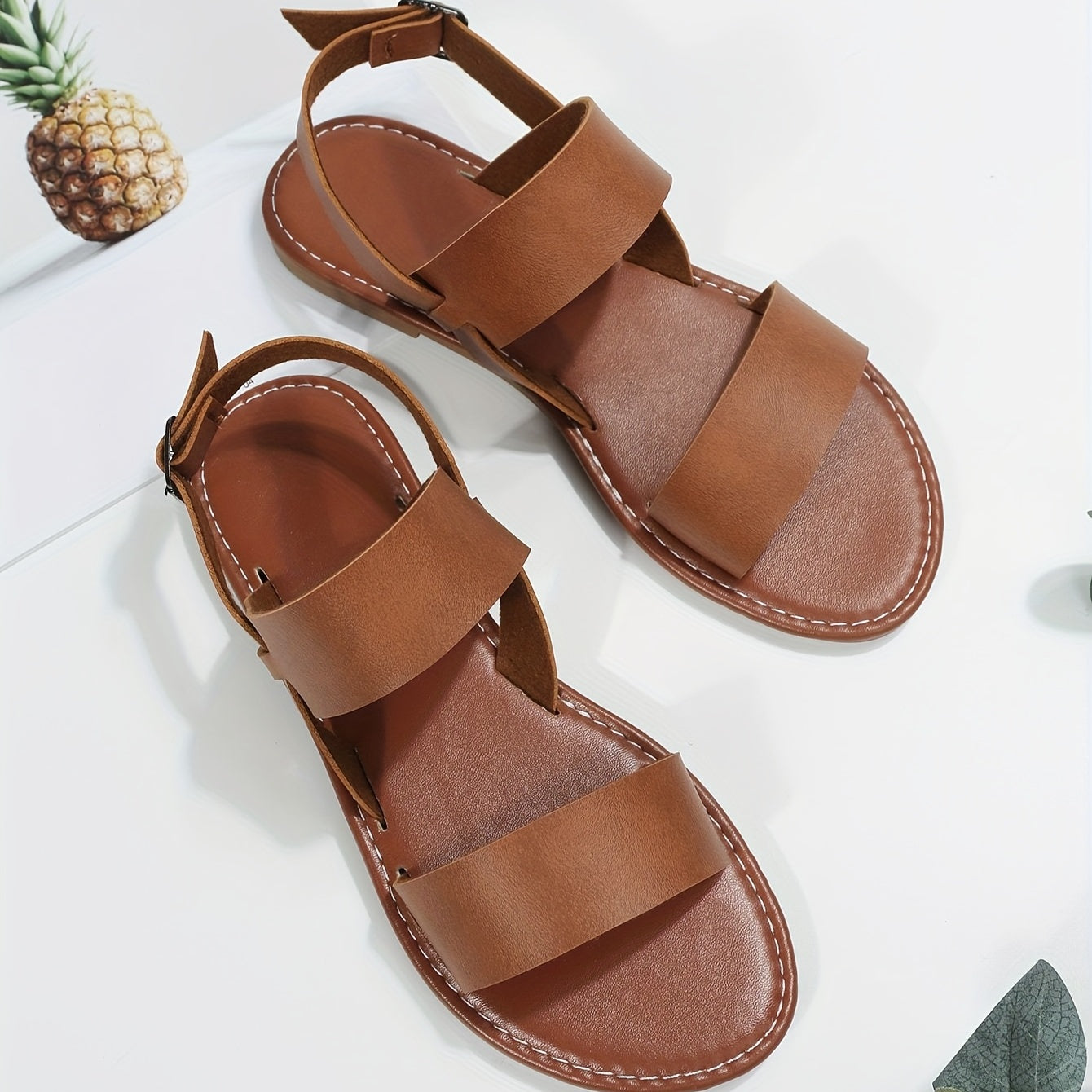 Roman Style Flat Sandals for Women - Open Round Toe with Buckle Strap, Casual Beach Shoes