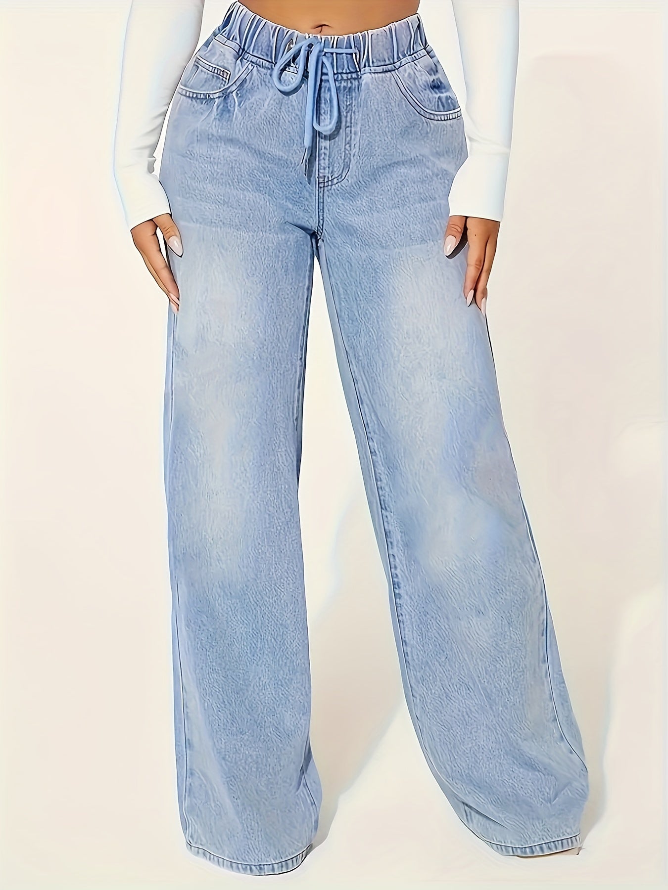 Plain Washed Blue Drawstring Elastic Waist Loose Fit Soft Casual Jeans, Denim Pants, Women's Denim Jeans & Clothing For Fall