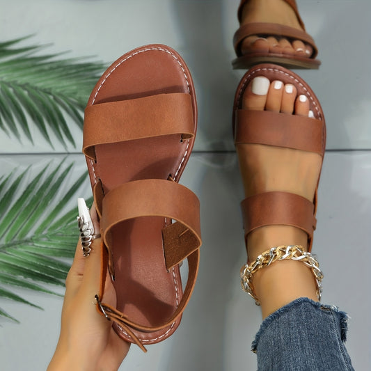 Roman Style Flat Sandals for Women - Open Round Toe with Buckle Strap, Casual Beach Shoes