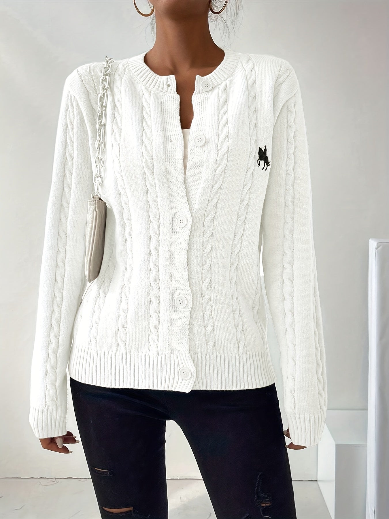 Cable Knitted Button Front Cardigan - Casual Long Sleeve