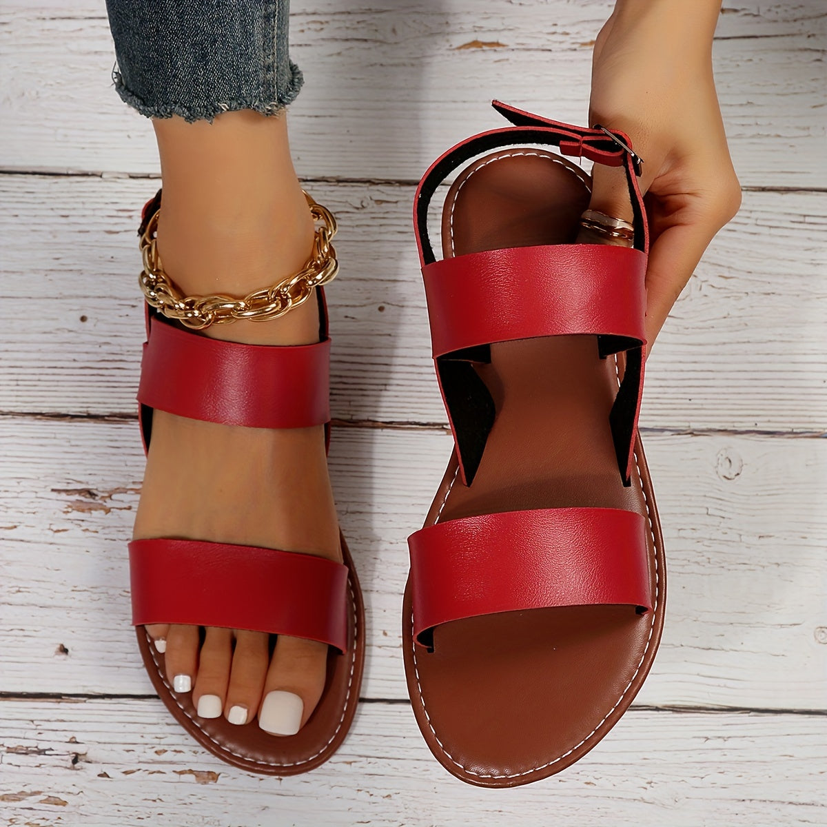 Roman Style Flat Sandals for Women - Open Round Toe with Buckle Strap, Casual Beach Shoes