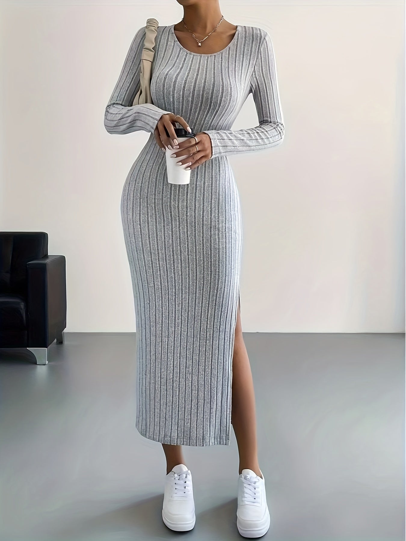 Ribbed Knit Long Sleeve Dress - Casual Crew Neck with Split Hem for Women