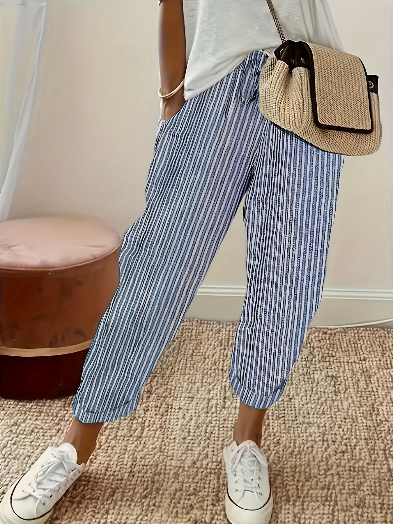 Striped Drawstring Pants with Slant Pockets - Casual Spring & Summer Wear for Women