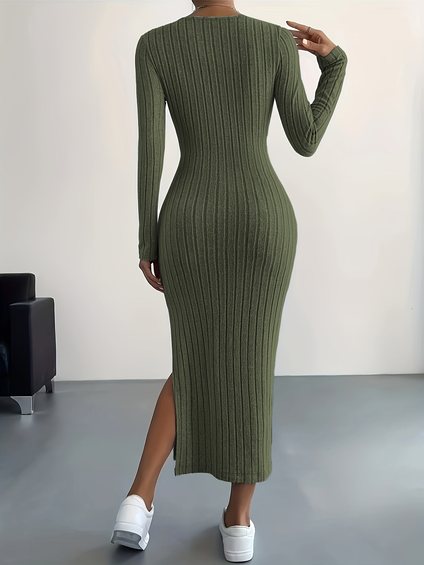 Ribbed Knit Long Sleeve Dress - Casual Crew Neck with Split Hem for Women