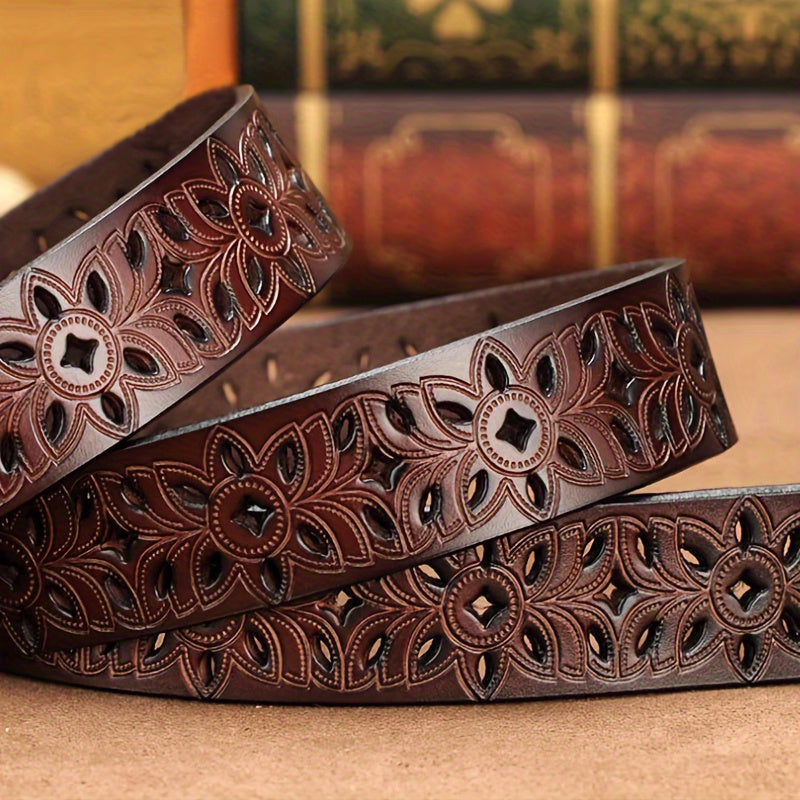 Genuine Leather Belt Needle Buckle Hollow Design Versatile Cowhide Belt for Women Fashionable Decoration