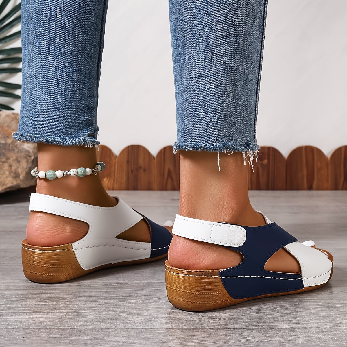 Contrast Color Wedge Sandals for Women - Peep Toe Slingback with Soft Sole