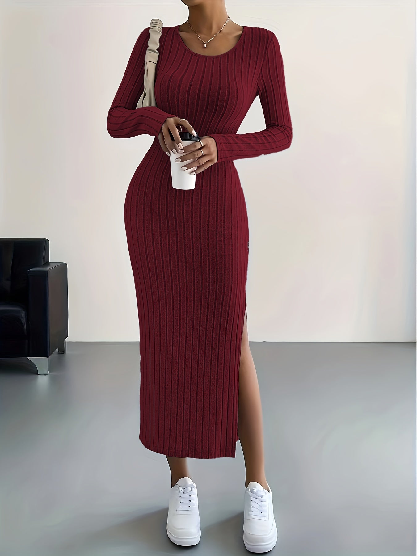 Ribbed Knit Long Sleeve Dress - Casual Crew Neck with Split Hem for Women