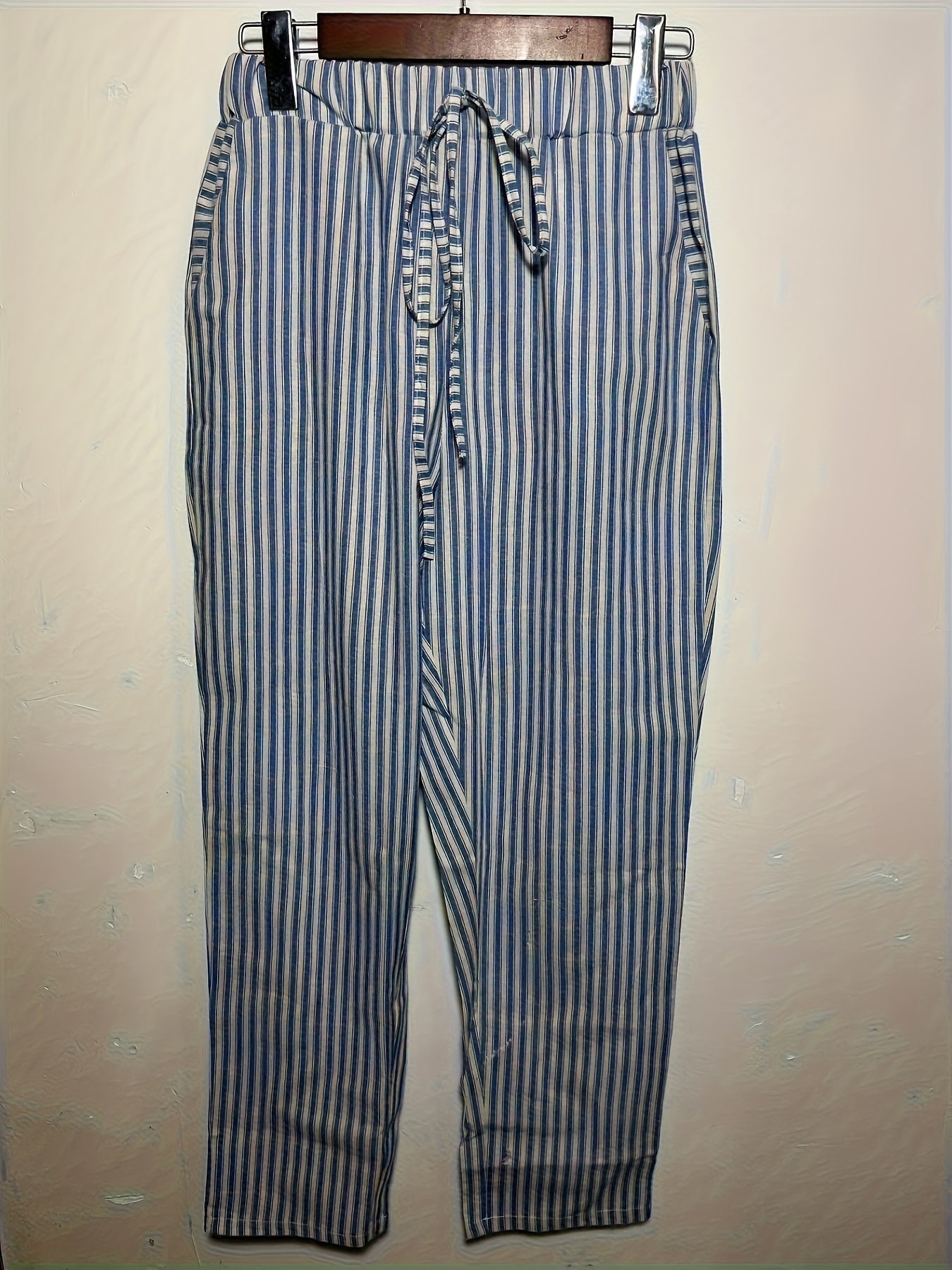 Striped Drawstring Pants with Slant Pockets - Casual Spring & Summer Wear for Women