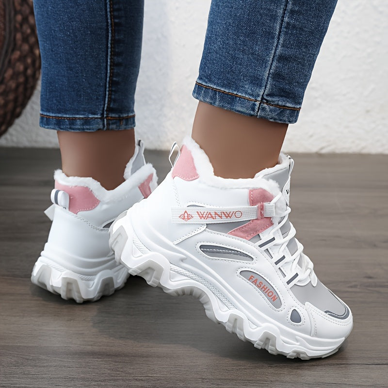 Women's Casual Chunky Sneakers - Color-block Thick Sole with Warm Plush Lining and Anti-slip