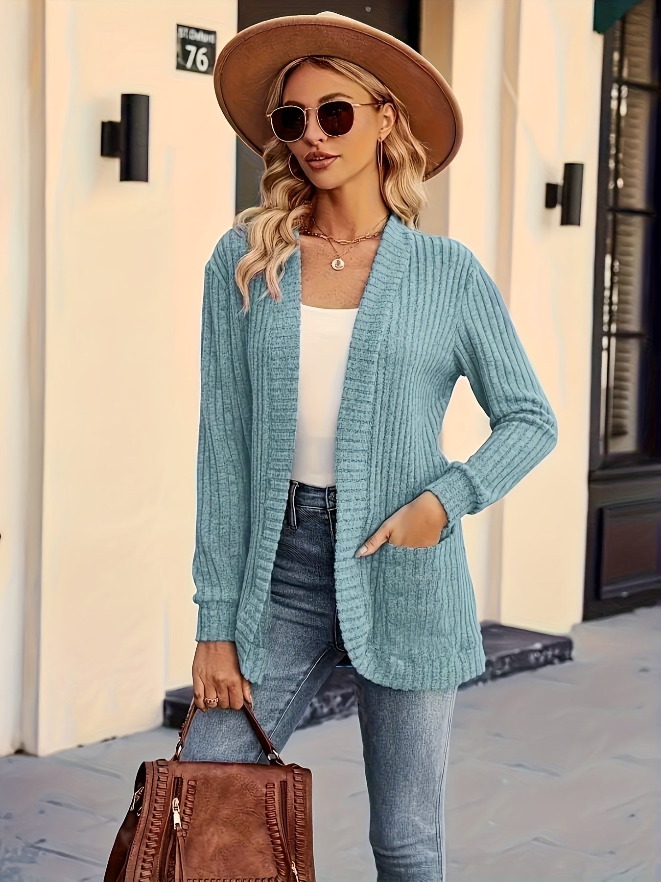 Solid Color Open Front Cardigan with Pockets - Versatile Long Sleeve