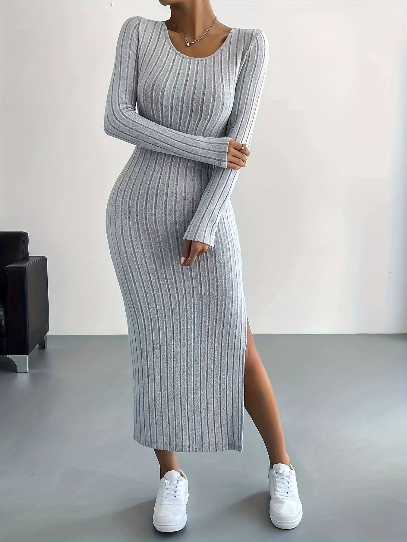 Ribbed Knit Long Sleeve Dress - Casual Crew Neck with Split Hem for Women