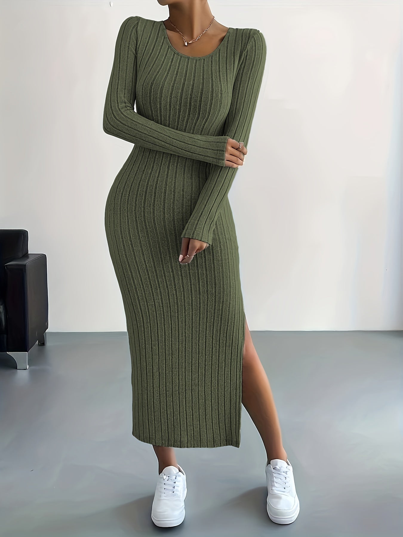 Ribbed Knit Long Sleeve Dress - Casual Crew Neck with Split Hem for Women