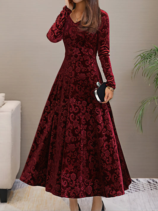 Elegant V Neck Flared Solid Color Long Sleeve Dress for Women Spring Fall Style