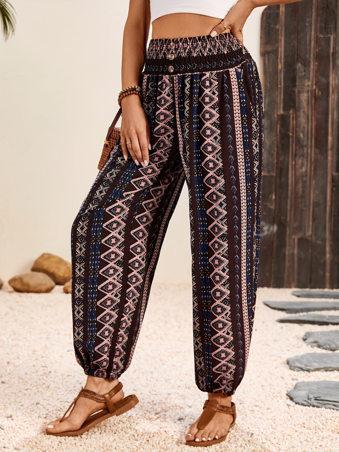 Ethnic Graphic Print Boho Pants - Shirred Waist Long Length for Women