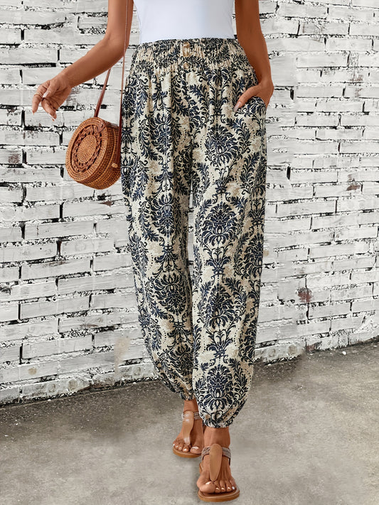 Ethnic Graphic Print Boho Pants - Shirred Waist Long Length for Women