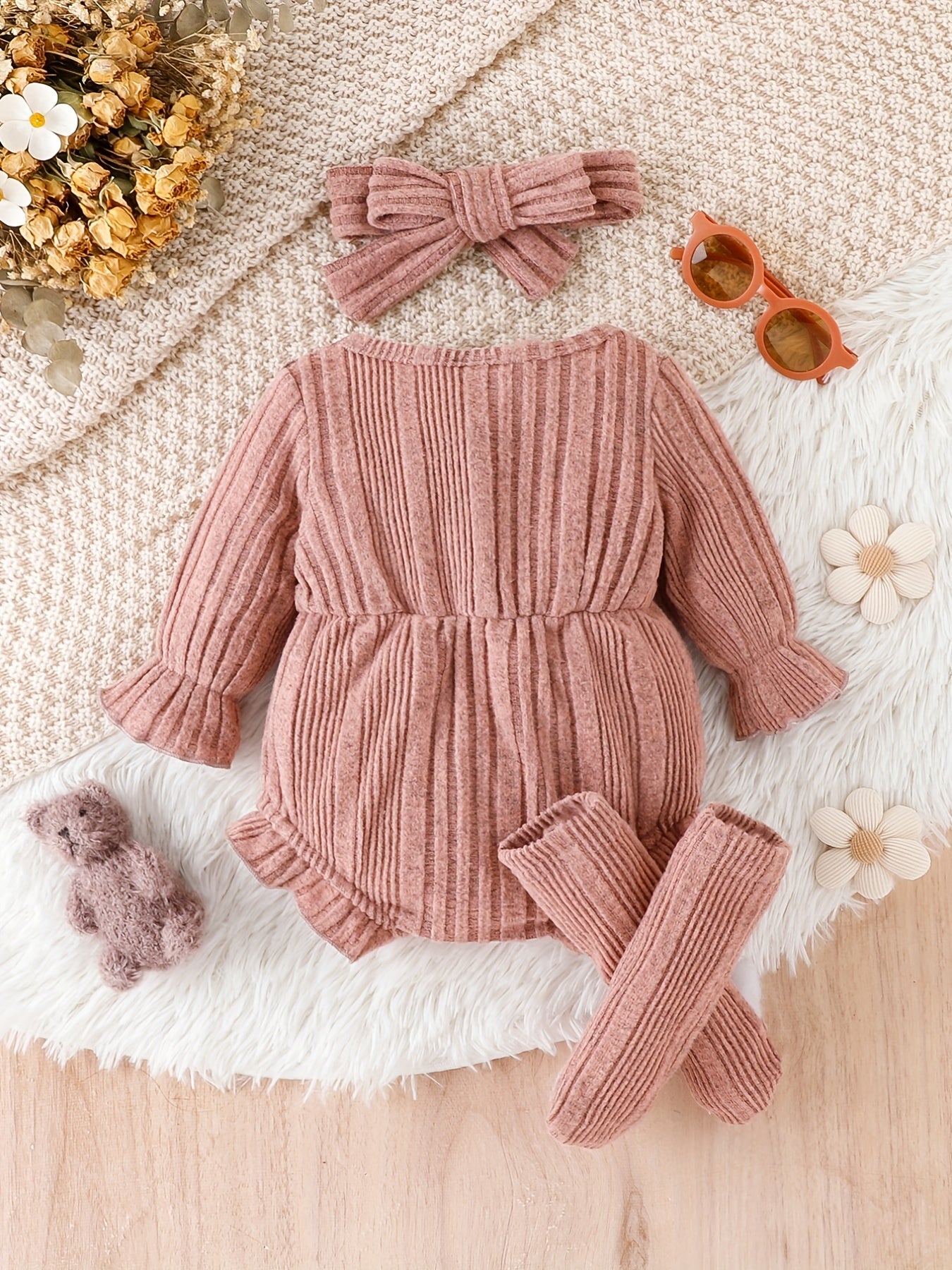 Baby Girl Lace Bow Outfit Set - Onesie, Headband & Socks