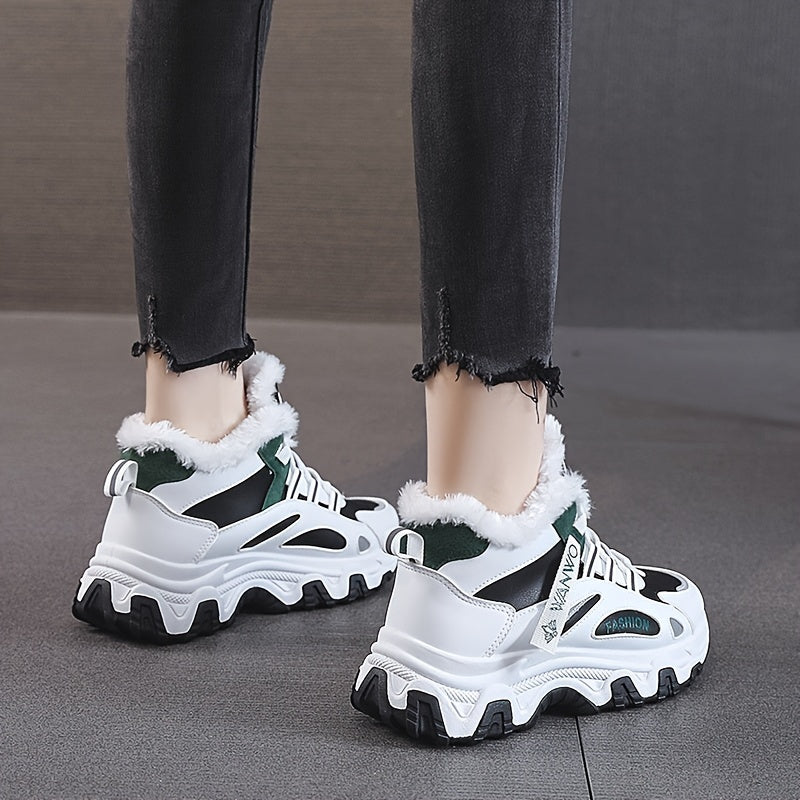 Women's Casual Chunky Sneakers - Color-block Thick Sole with Warm Plush Lining and Anti-slip