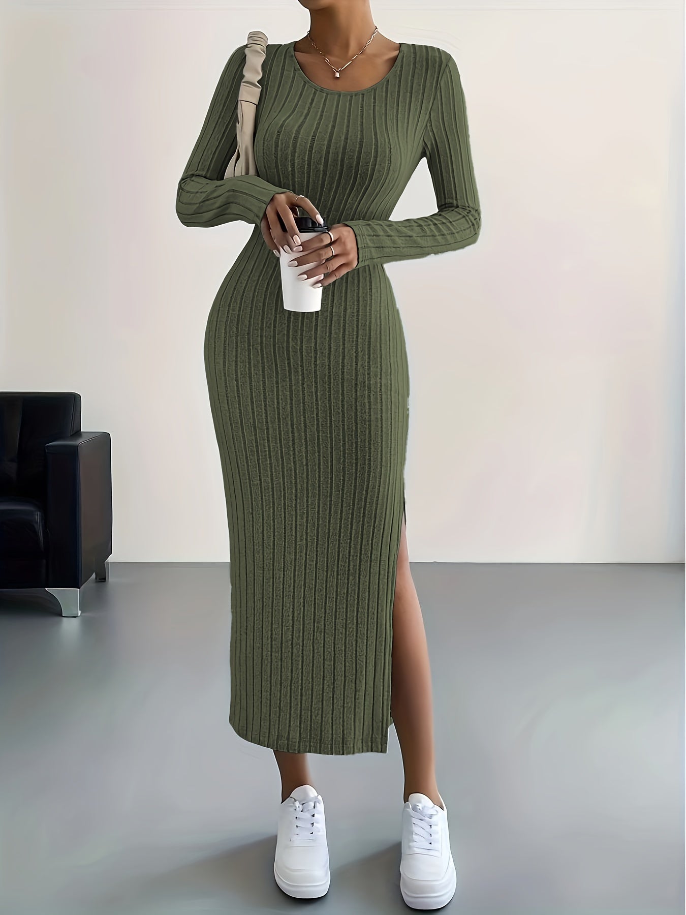 Ribbed Knit Long Sleeve Dress - Casual Crew Neck with Split Hem for Women