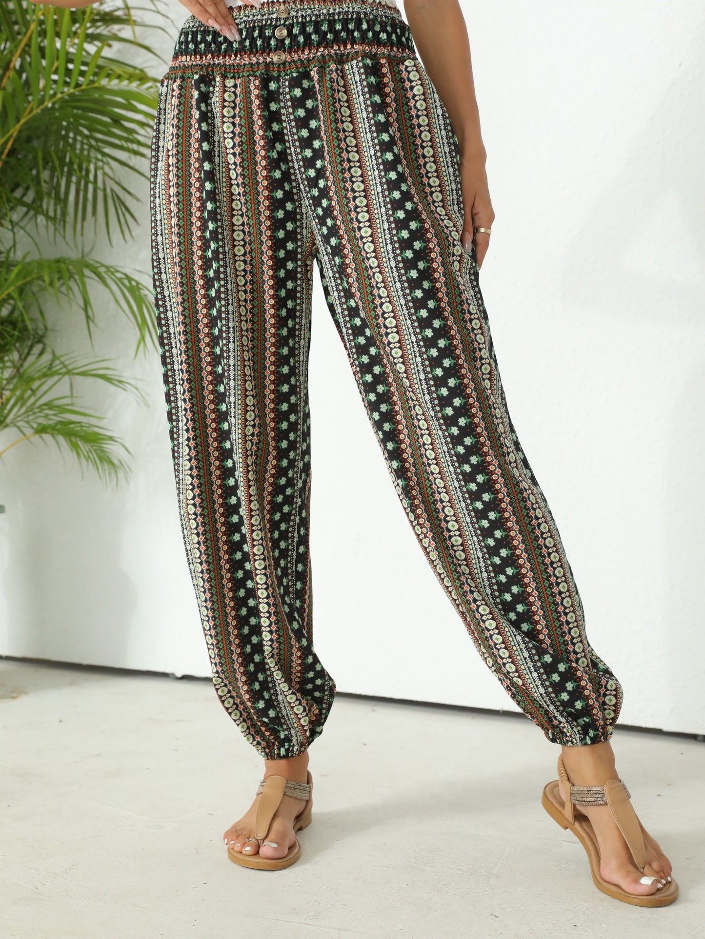 Ethnic Graphic Print Boho Pants - Shirred Waist Long Length for Women