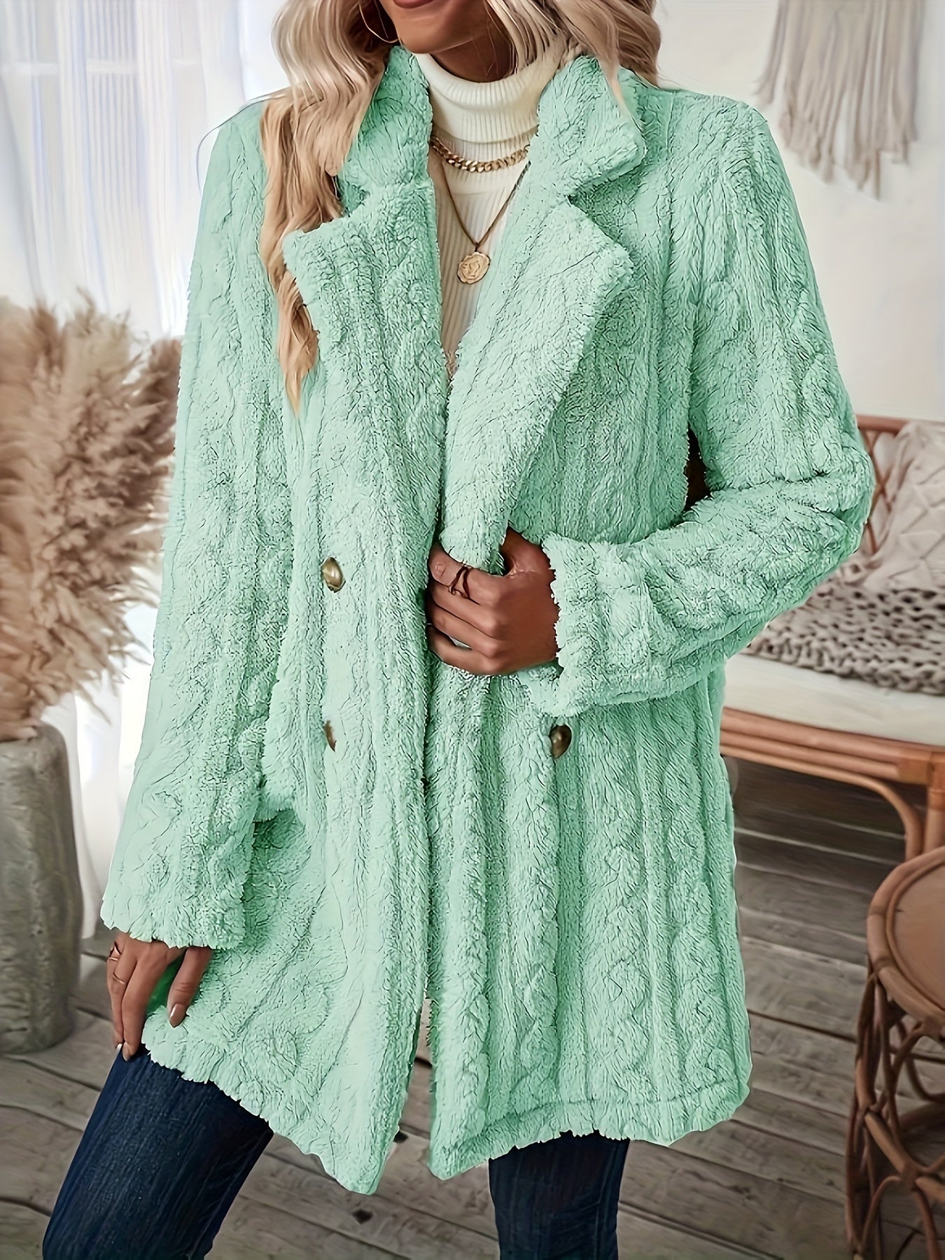 Winter Chic Fuzzy Lapel Coat - Double-Breasted Thermal Insulated Design for Women