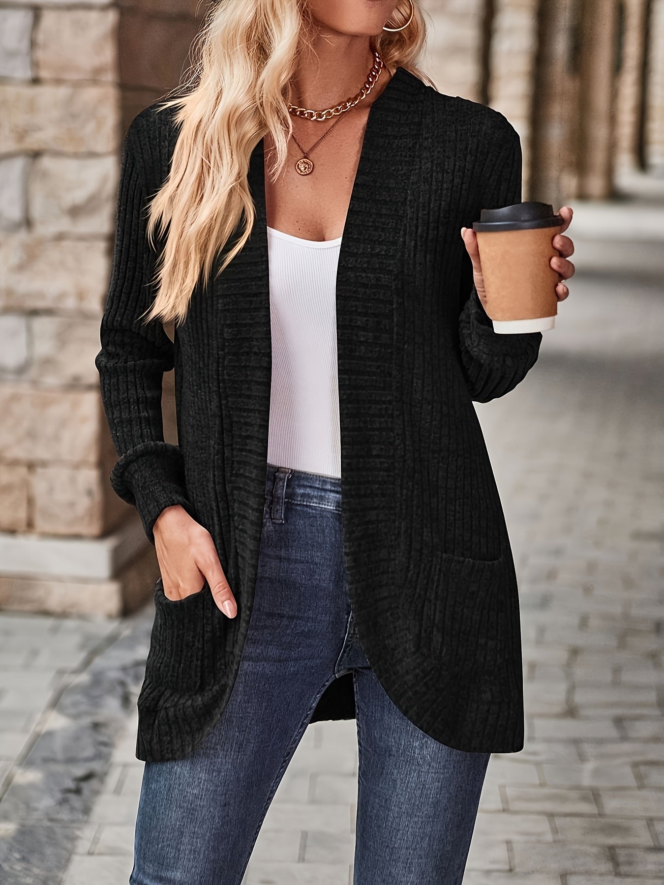 Solid Color Open Front Cardigan with Pockets - Versatile Long Sleeve