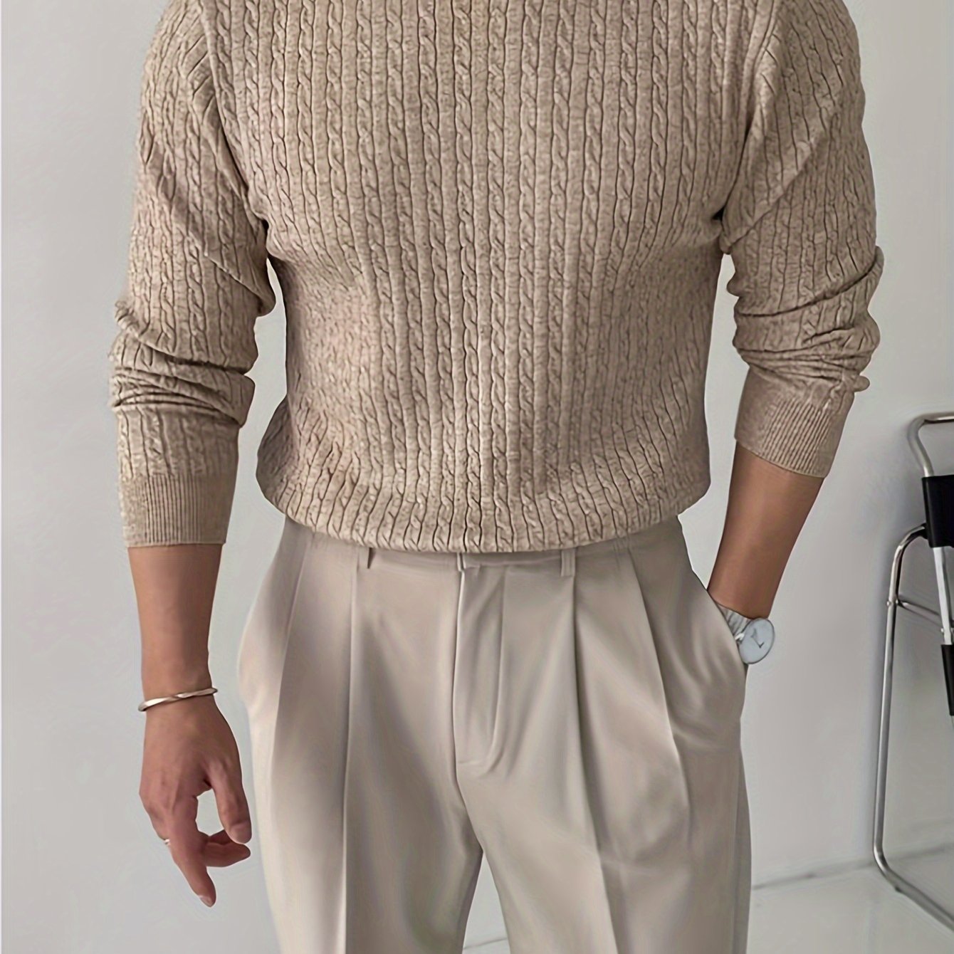 Men's Viscose Crew Neck Cable Knit Sweater