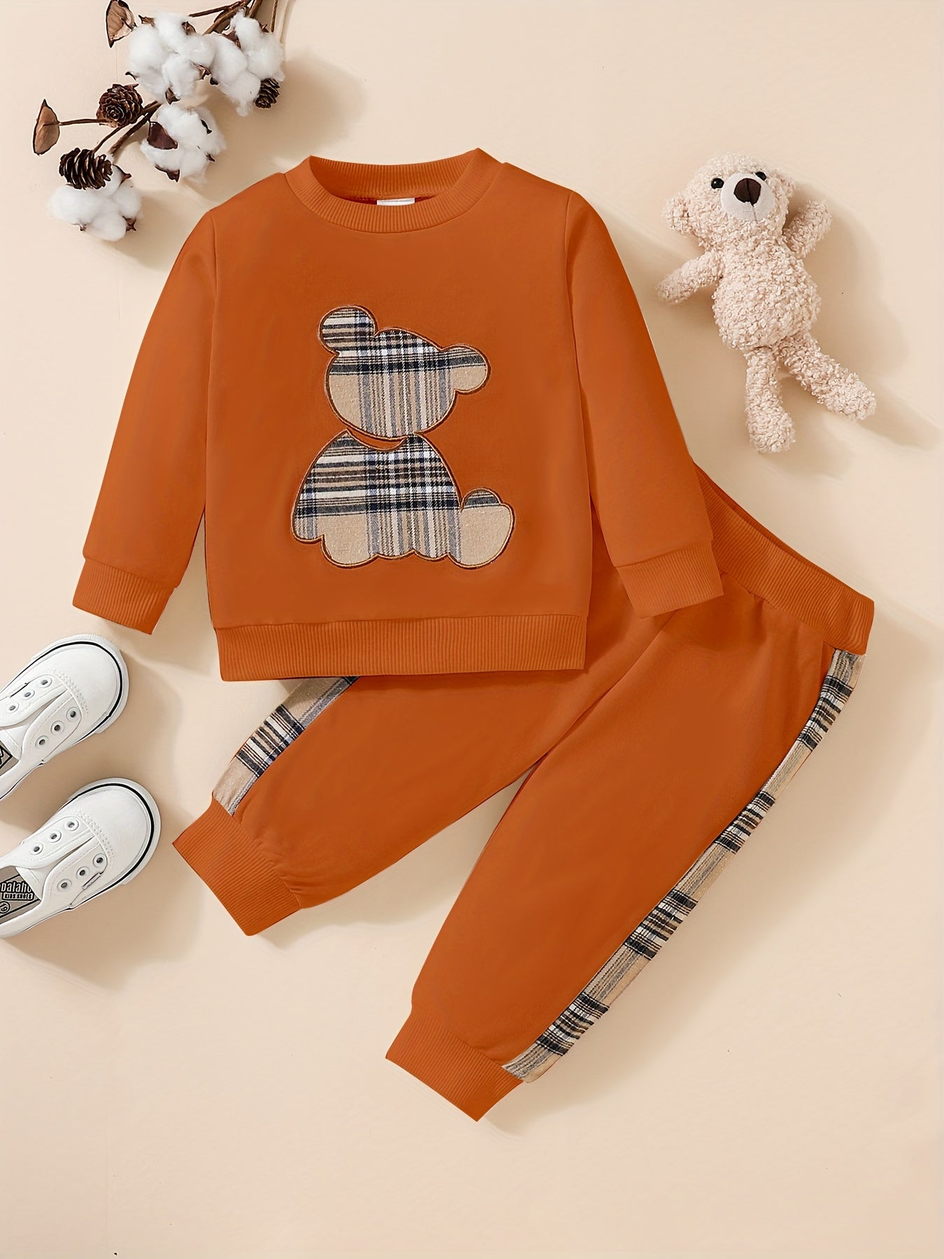 2pcs Toddler Bear Outfit - Sweatshirt & Splicing Pants