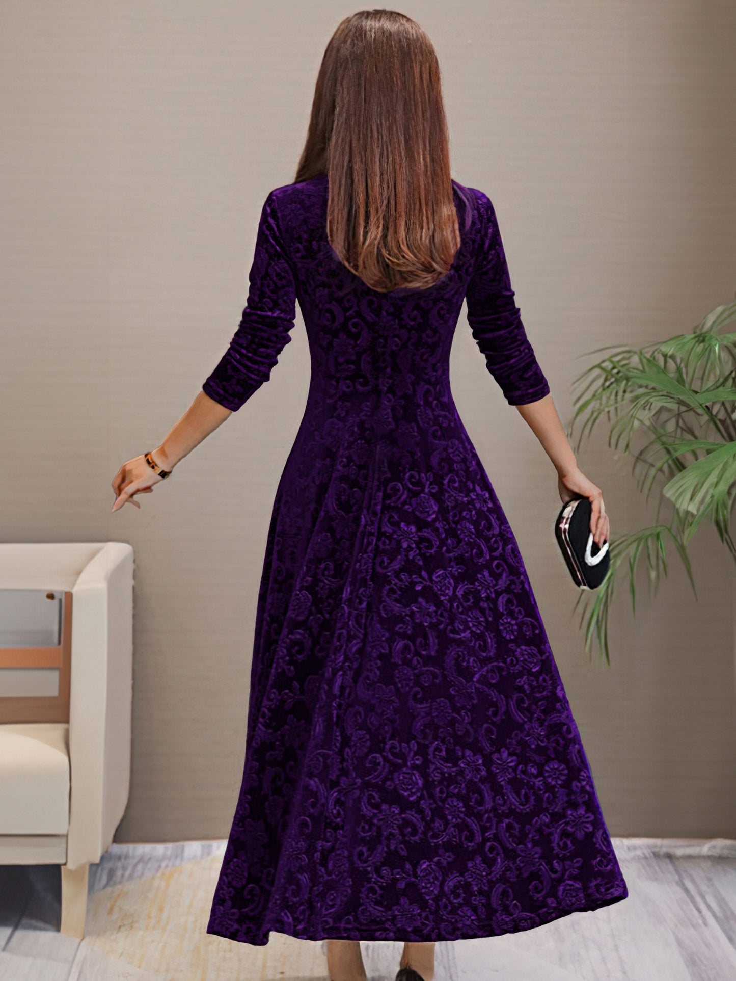 Elegant V Neck Flared Solid Color Long Sleeve Dress for Women Spring Fall Style