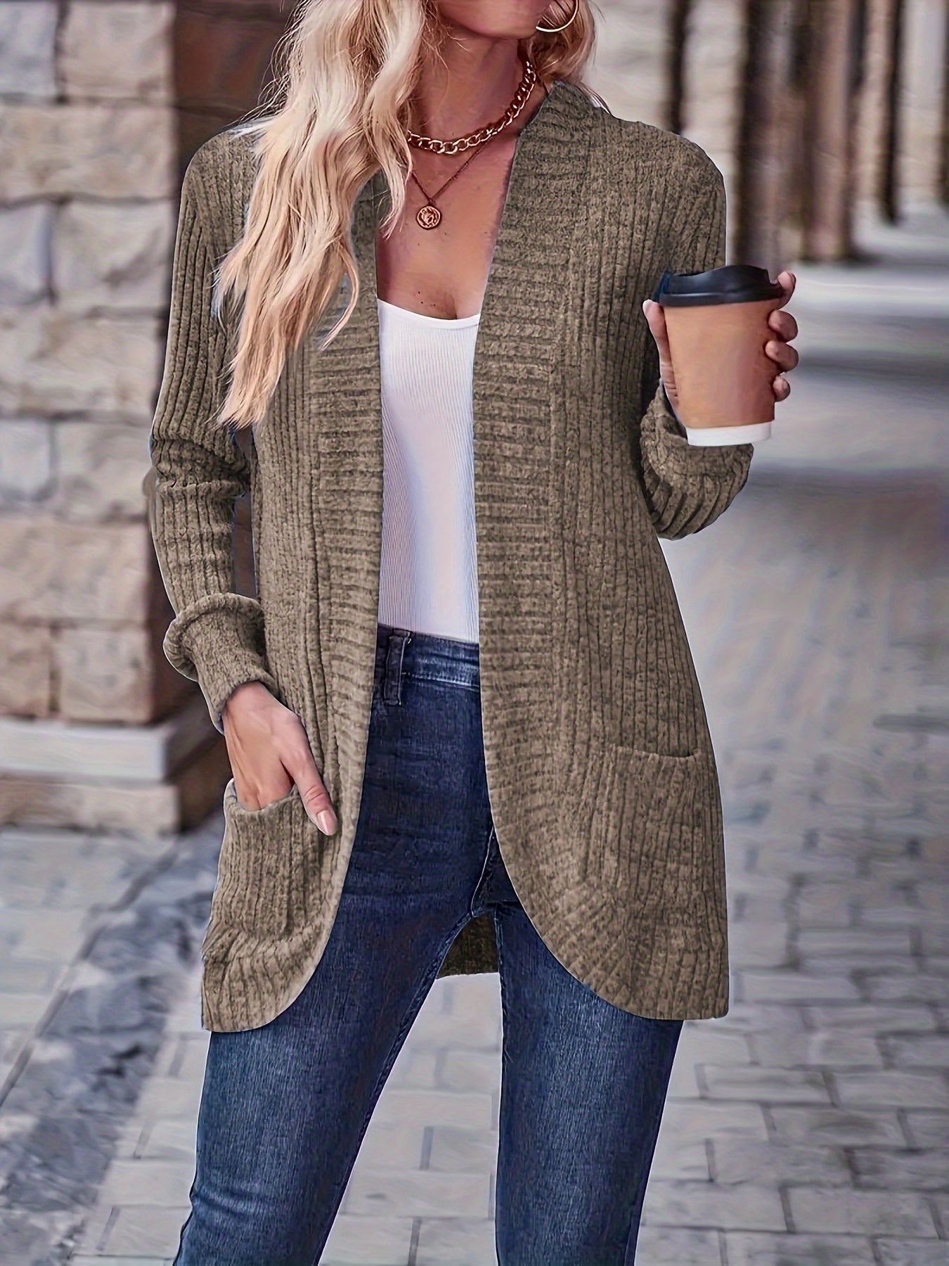 Solid Color Open Front Cardigan with Pockets - Versatile Long Sleeve