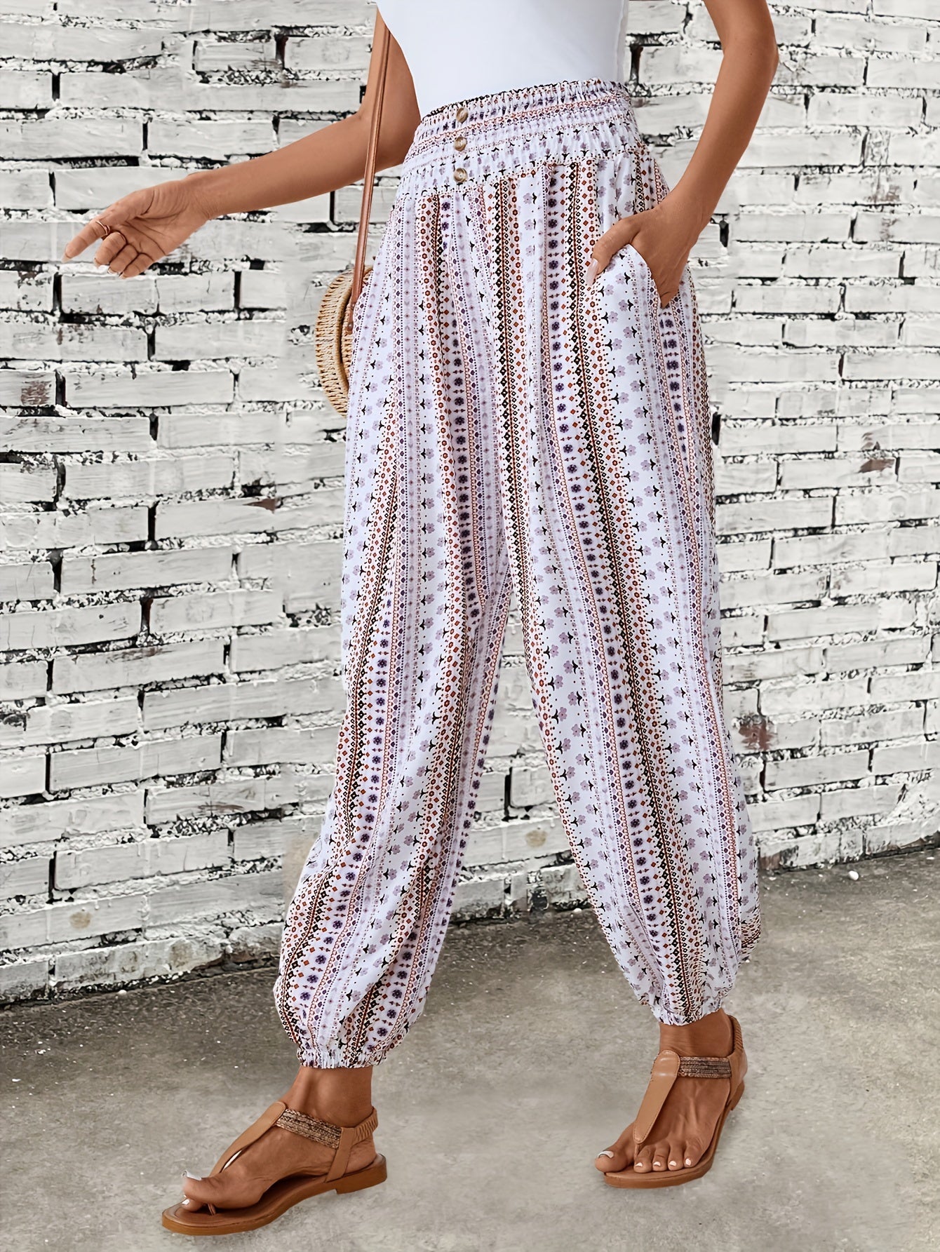 Ethnic Graphic Print Boho Pants - Shirred Waist Long Length for Women