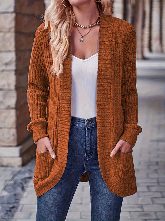 Solid Color Open Front Cardigan with Pockets - Versatile Long Sleeve