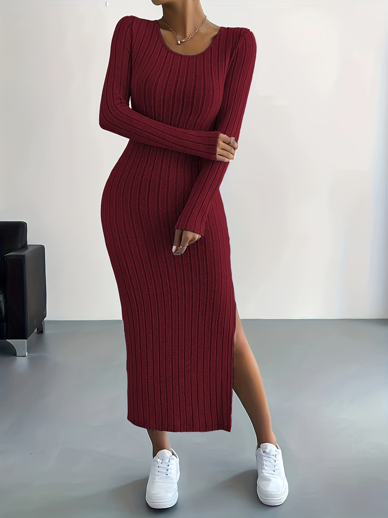 Ribbed Knit Long Sleeve Dress - Casual Crew Neck with Split Hem for Women