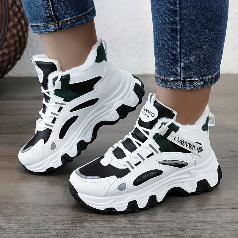 Women's Casual Chunky Sneakers - Color-block Thick Sole with Warm Plush Lining and Anti-slip