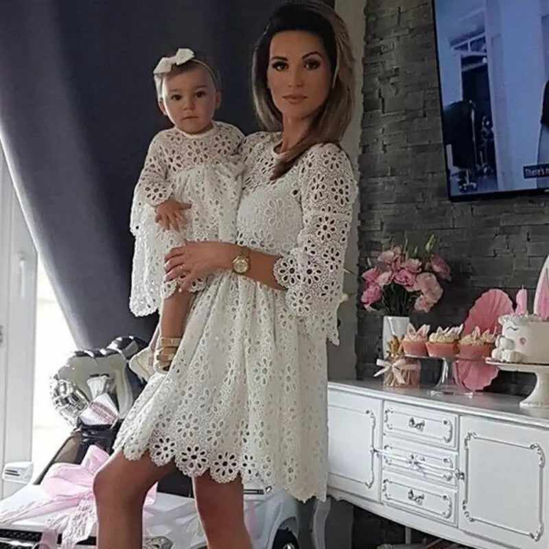 White Floral Lace Matching Dresses - Mother & Daughter Party Collection