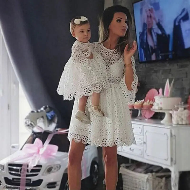 White Floral Lace Matching Dresses - Mother & Daughter Party Collection