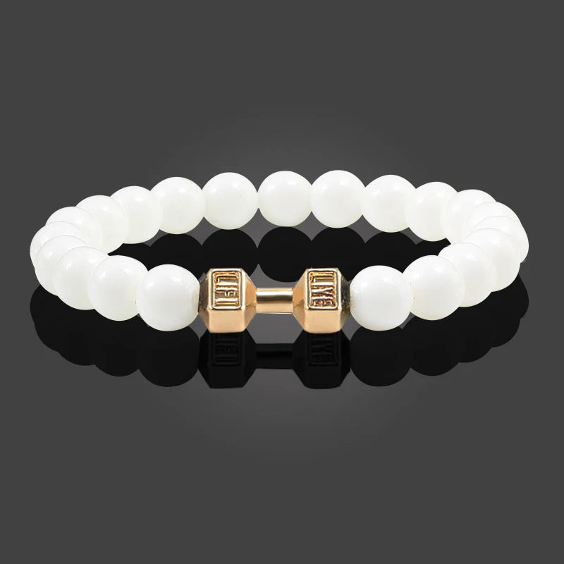 Natural Volcanic Stone Bracelet – Matte Black & White Beads with Dumbbell Charm