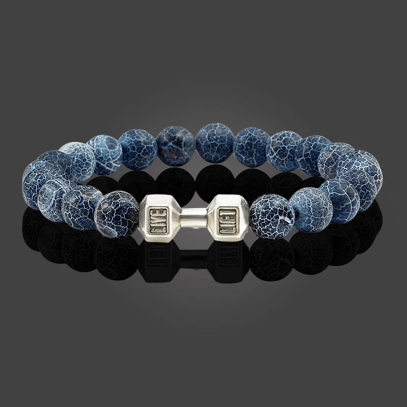 Natural Volcanic Stone Bracelet – Matte Black & White Beads with Dumbbell Charm