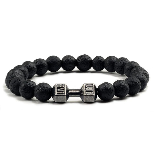 Natural Volcanic Stone Bracelet – Matte Black & White Beads with Dumbbell Charm