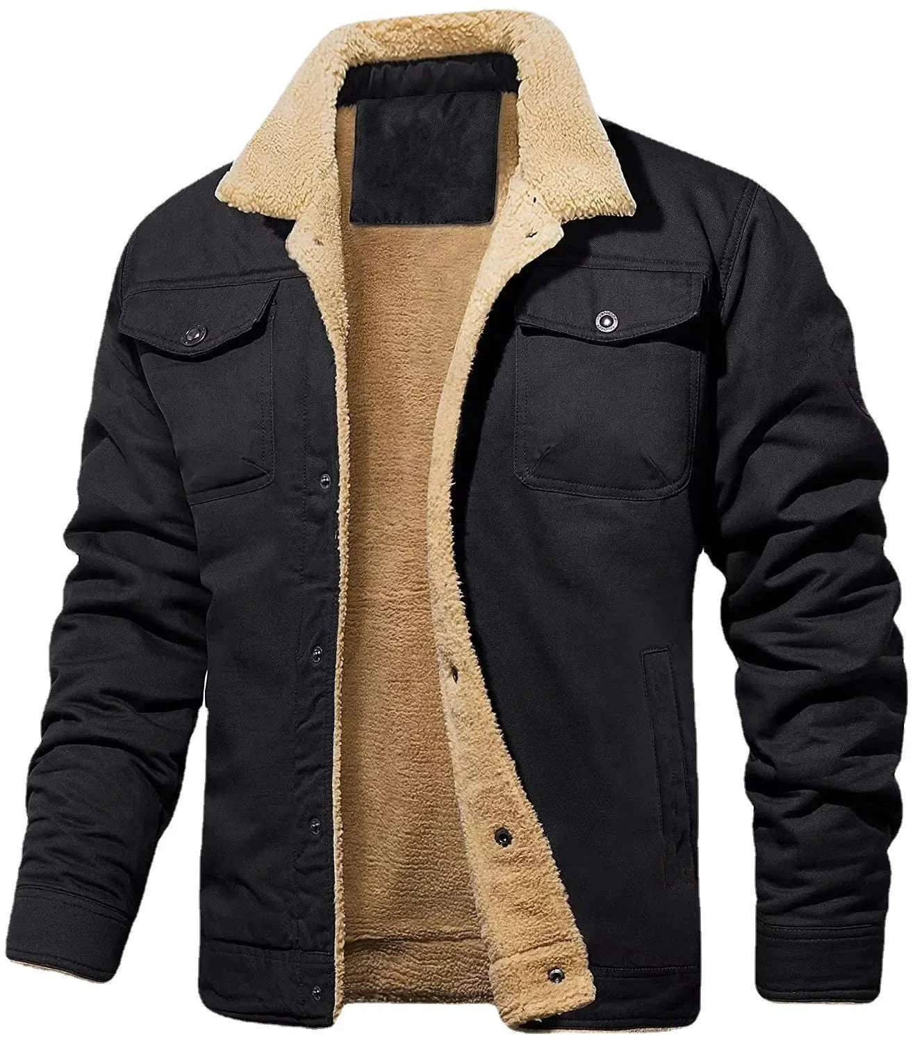 Plush Wool Men's Bomber Jacket - Lapel Button-Up Thick Warm Coat