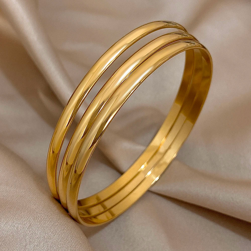 Elegant Trio: 18K Gold Plated Stainless Steel Bangle Set - Waterproof & Minimalist