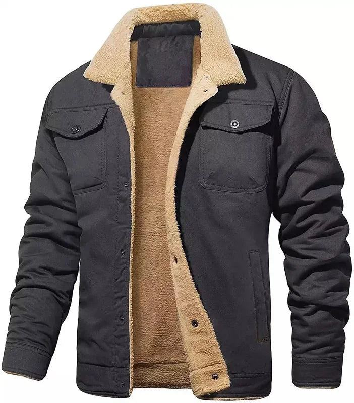 Plush Wool Men's Bomber Jacket - Lapel Button-Up Thick Warm Coat