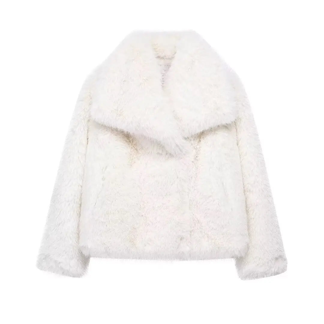 Chic Cropped Faux Fur Jacket with Snap-button and Lapel Collar