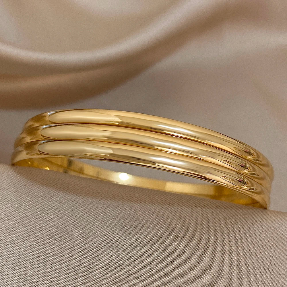 Elegant Trio: 18K Gold Plated Stainless Steel Bangle Set - Waterproof & Minimalist