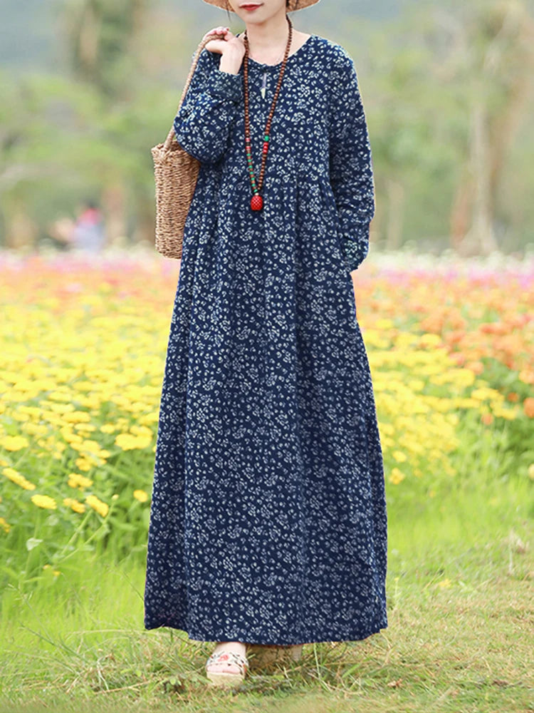 ZANZEA Vintage Floral Maxi Dress - Casual Long Sleeve Sundress with Hollow Details