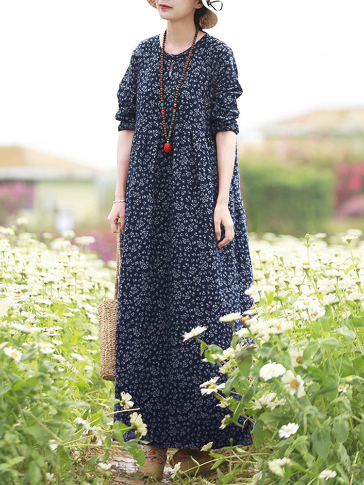 ZANZEA Vintage Floral Maxi Dress - Casual Long Sleeve Sundress with Hollow Details