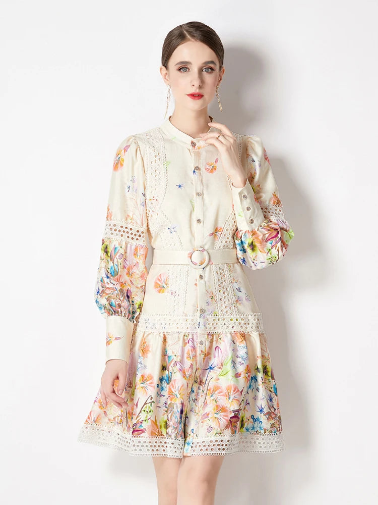 Runway Boho Lace Mini Dress - Floral Print with Lantern Sleeves & Sashes