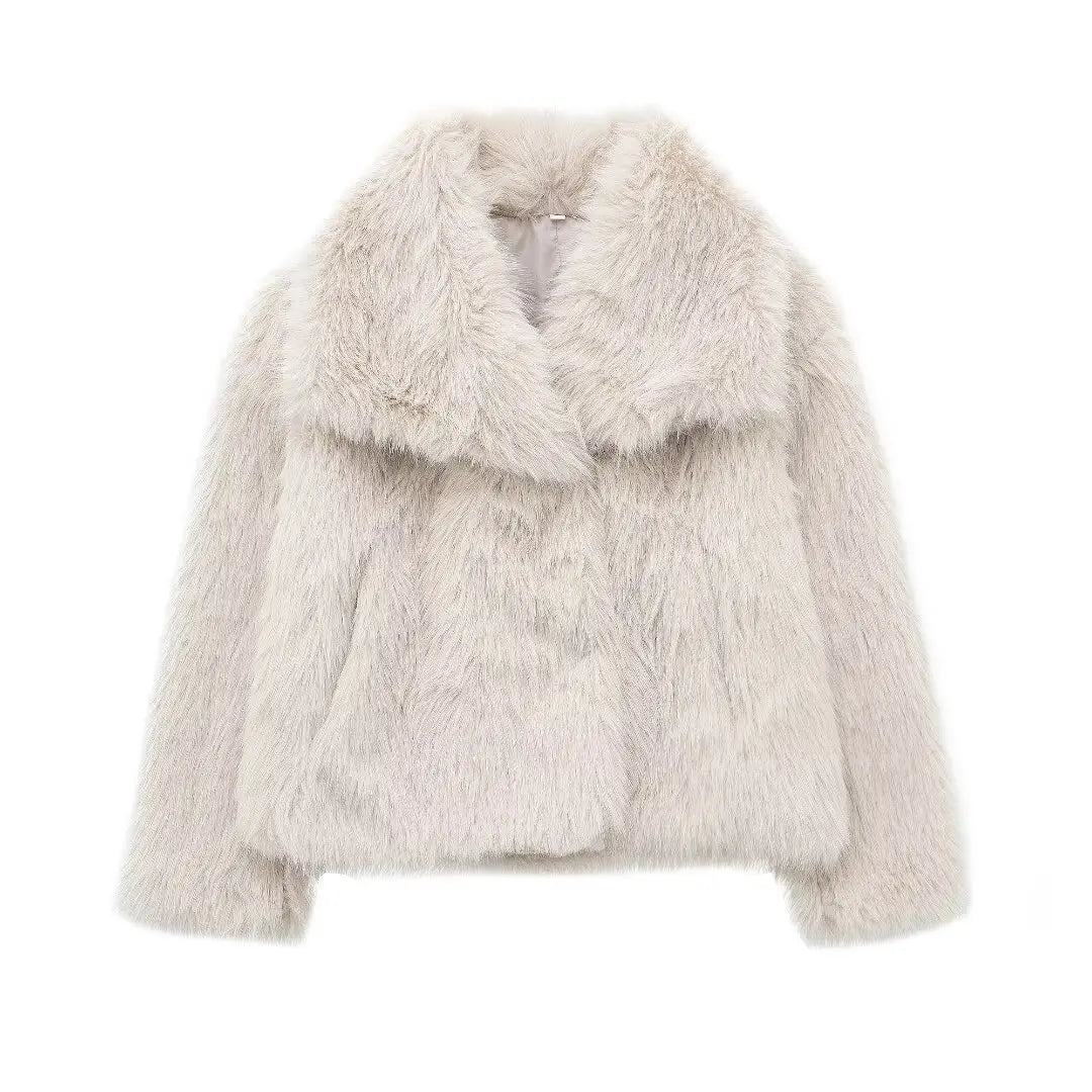 Chic Cropped Faux Fur Jacket with Snap-button and Lapel Collar